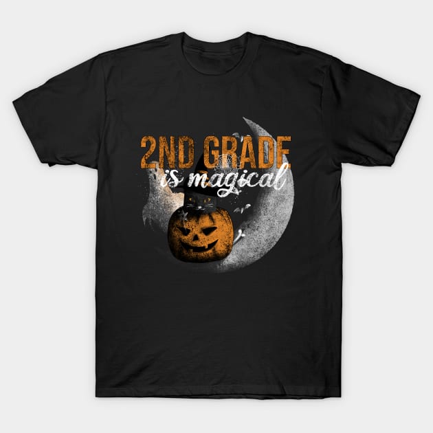 2nd Grade Halloween Magic - Vintage Black Cat and Pumpkin T-Shirt by Rishirt